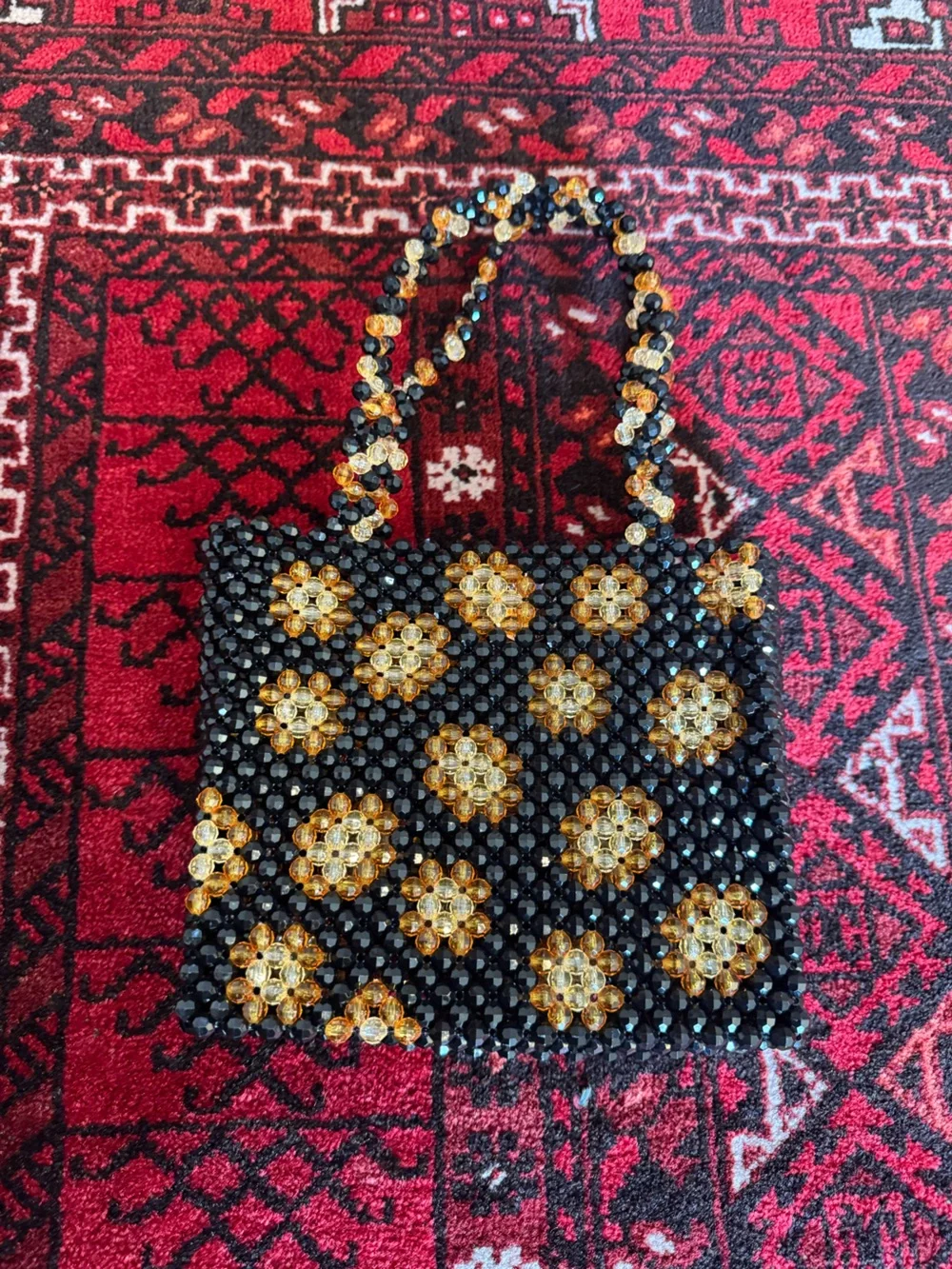 Susan Alexandra Black Beaded Shoulder Bag Floral
